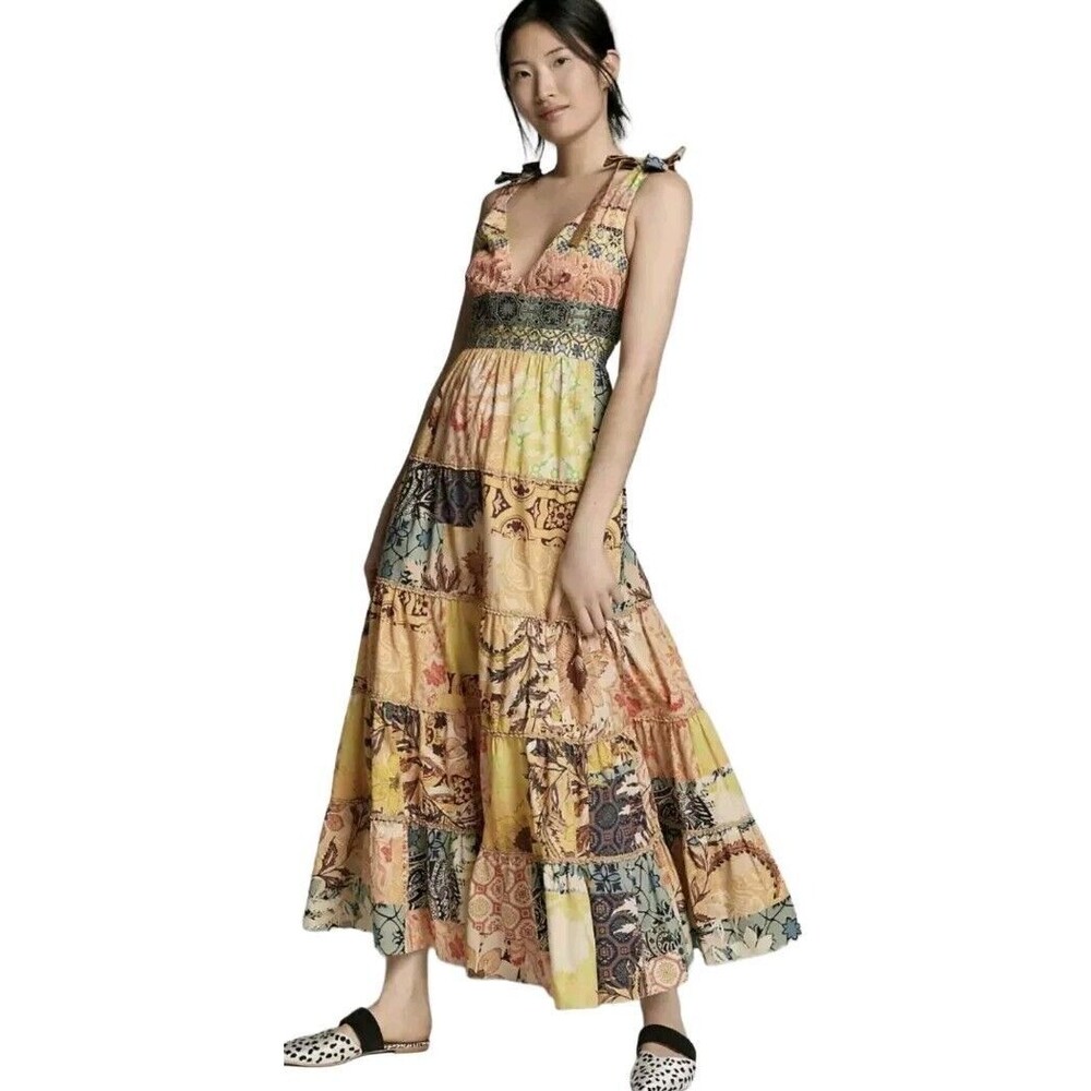 NEW Anthropologie Geisha Designs Rosalinda Patchwork Maxi Dress Size Medium